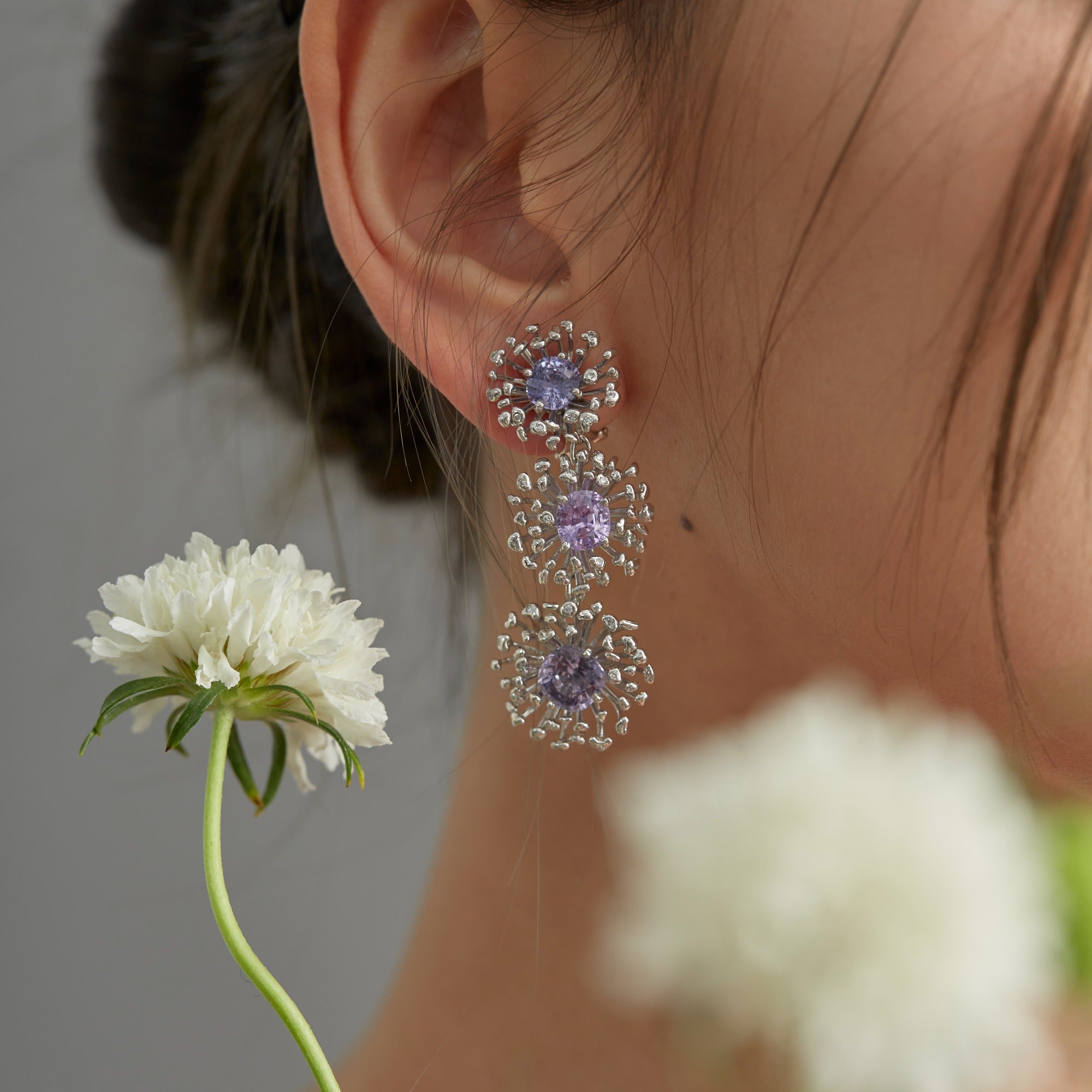 STAMI TRIPLE lavender spinel & diamond 14K white gold earrings