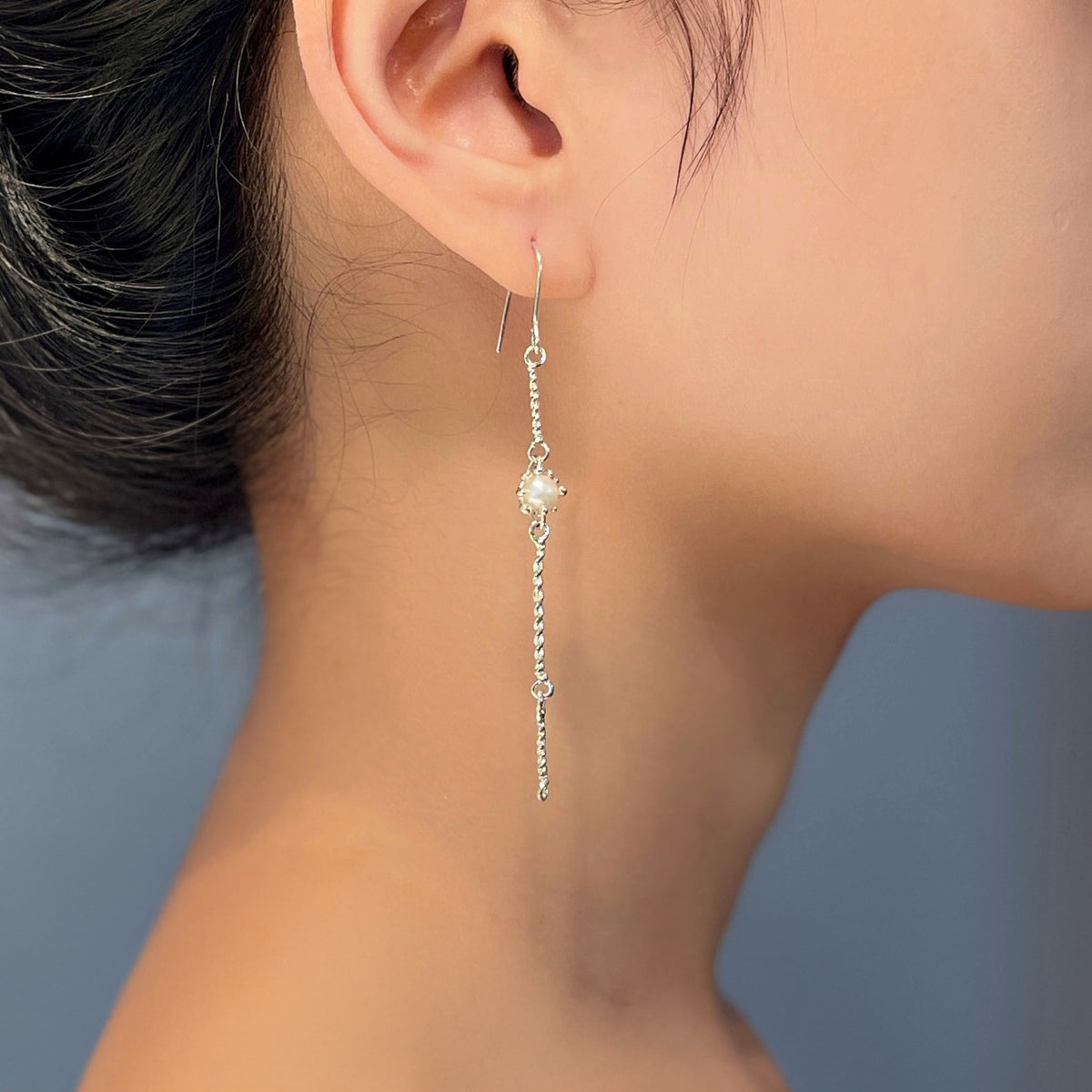 ERICA LONG pearl silver asymmetrical earrings