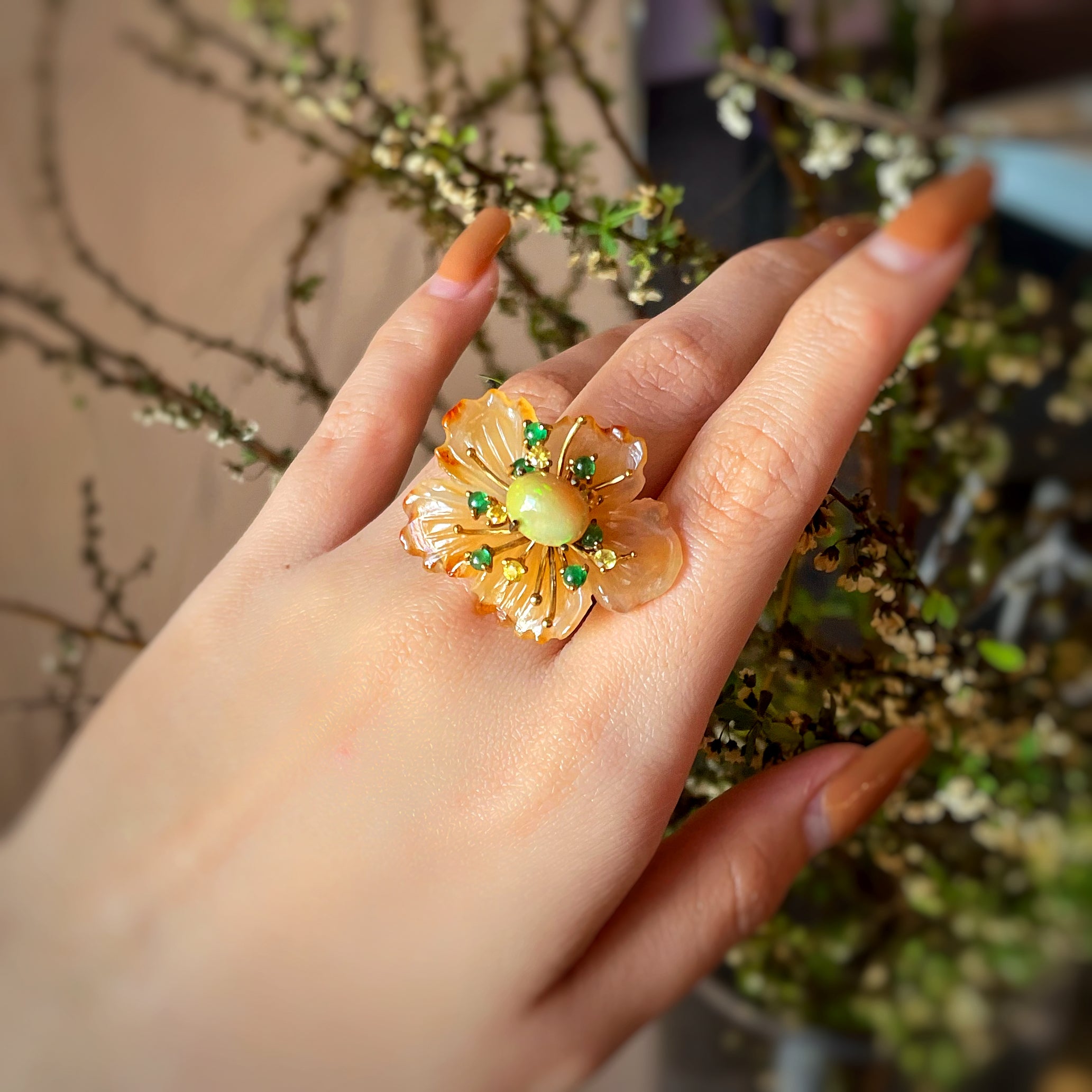 PETALE’A agate, crystal opal, emerald & yellow sapphire - 14K gold ring
