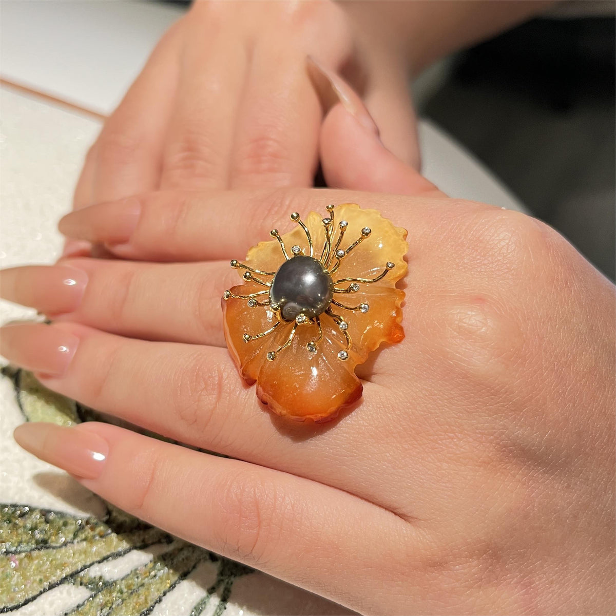 PETALE’A agate, gray pearl & diamond - 10K gold ring