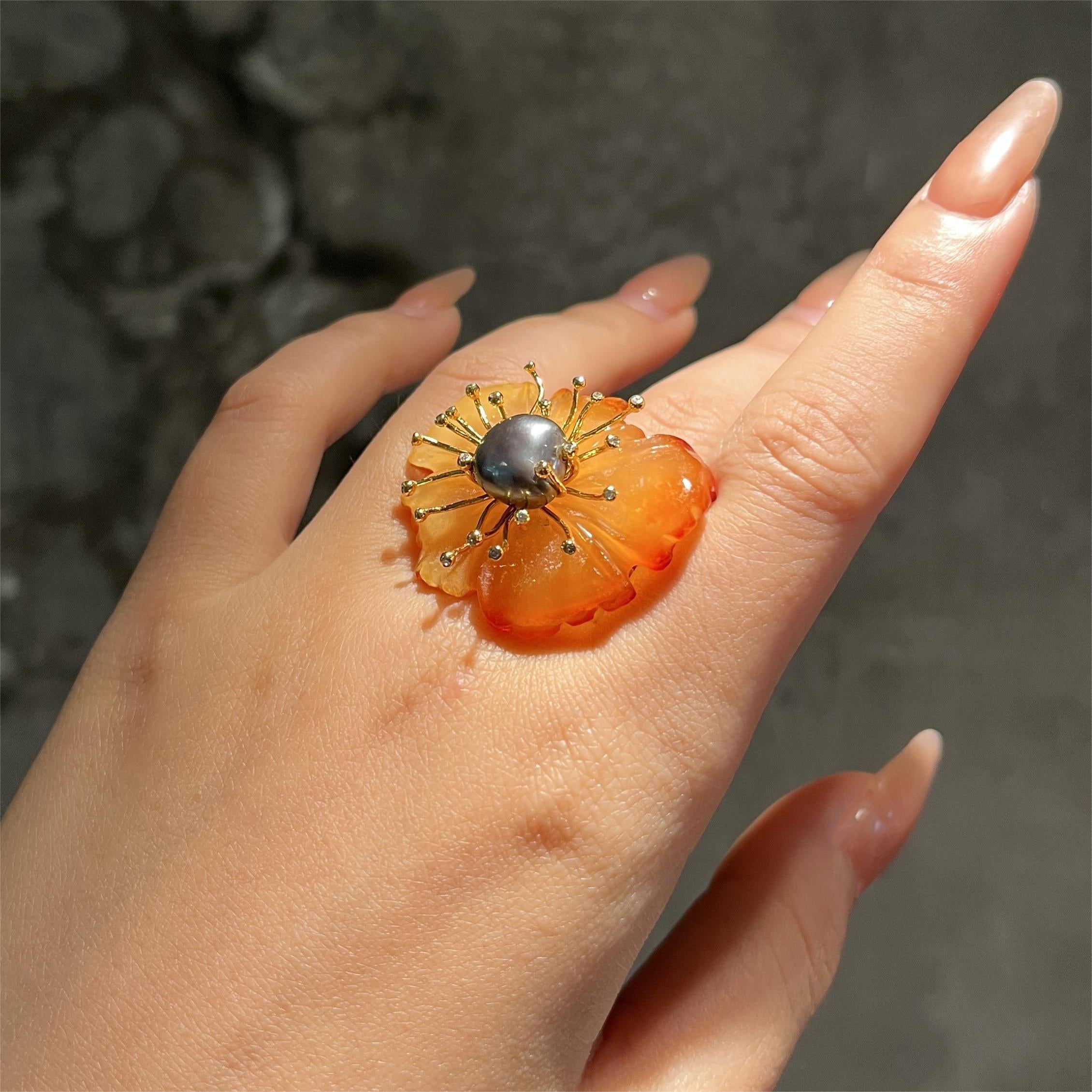 PETALE’A agate, gray pearl & diamond - 10K gold ring