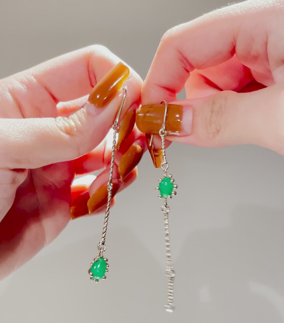 ERICA LONG green onyx silver asymmetrical earrings